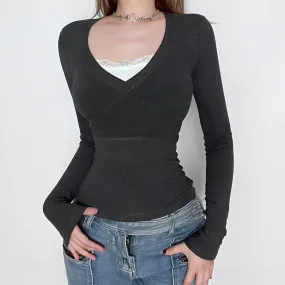 Advbridge  -  New Women's T-shirt Vintage Contrast Color Splicing V-neck Waist Slimming Solid Color Base Fake Two Crop Tops Casual Y2k