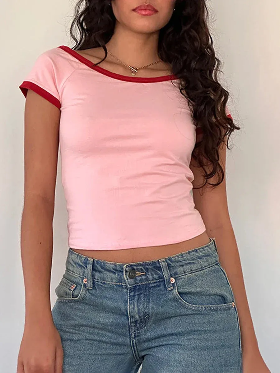 Baby Tees Short Sleeve Cute Bow Letter Print Slim Fit Y2K T-shirt
