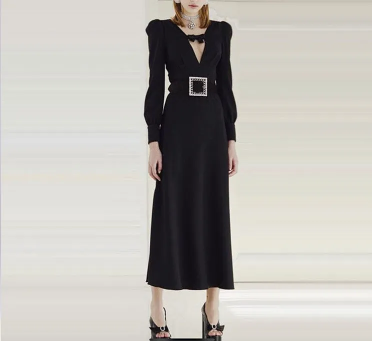 BBL DESIGN DEEP V NECK MAXI DRESS WITH BUCKLE BELT