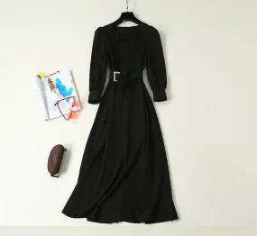 BBL DESIGN DEEP V NECK MAXI DRESS WITH BUCKLE BELT