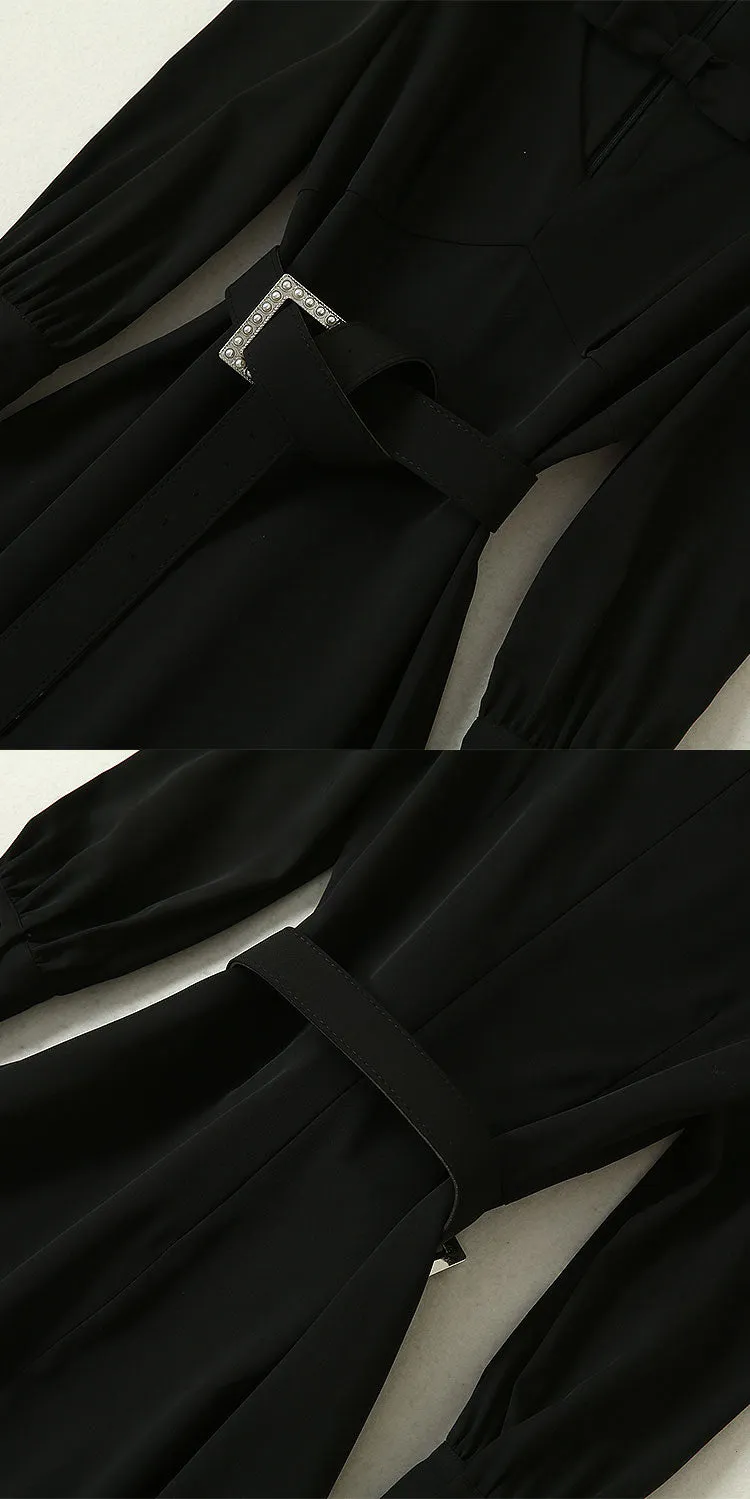 BBL DESIGN DEEP V NECK MAXI DRESS WITH BUCKLE BELT