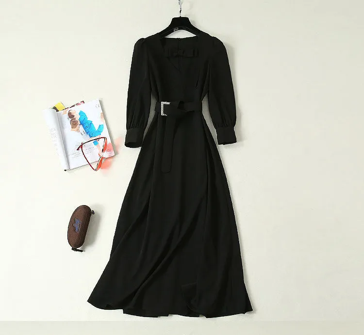 BBL DESIGN DEEP V NECK MAXI DRESS WITH BUCKLE BELT