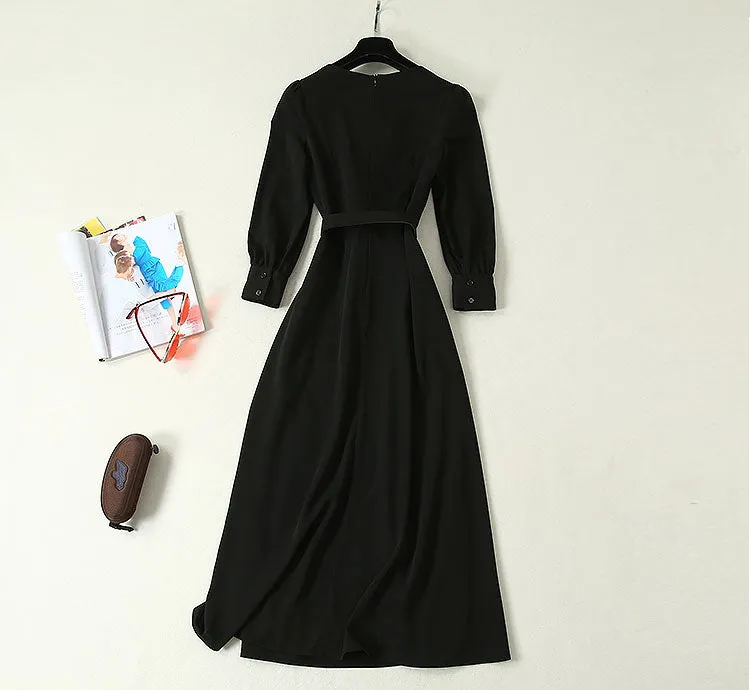 BBL DESIGN DEEP V NECK MAXI DRESS WITH BUCKLE BELT