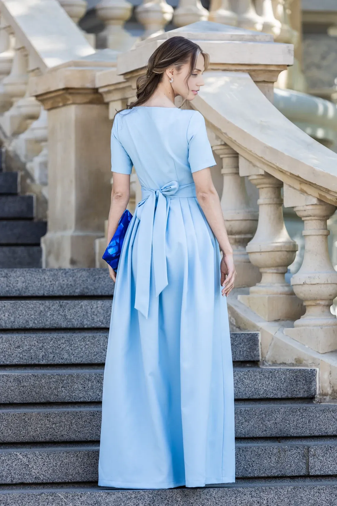 Blue Maxi Dress Formal Pleated Bridesmaid Dress Floor Length Gown Minimalist Mother Of The Bride Dress