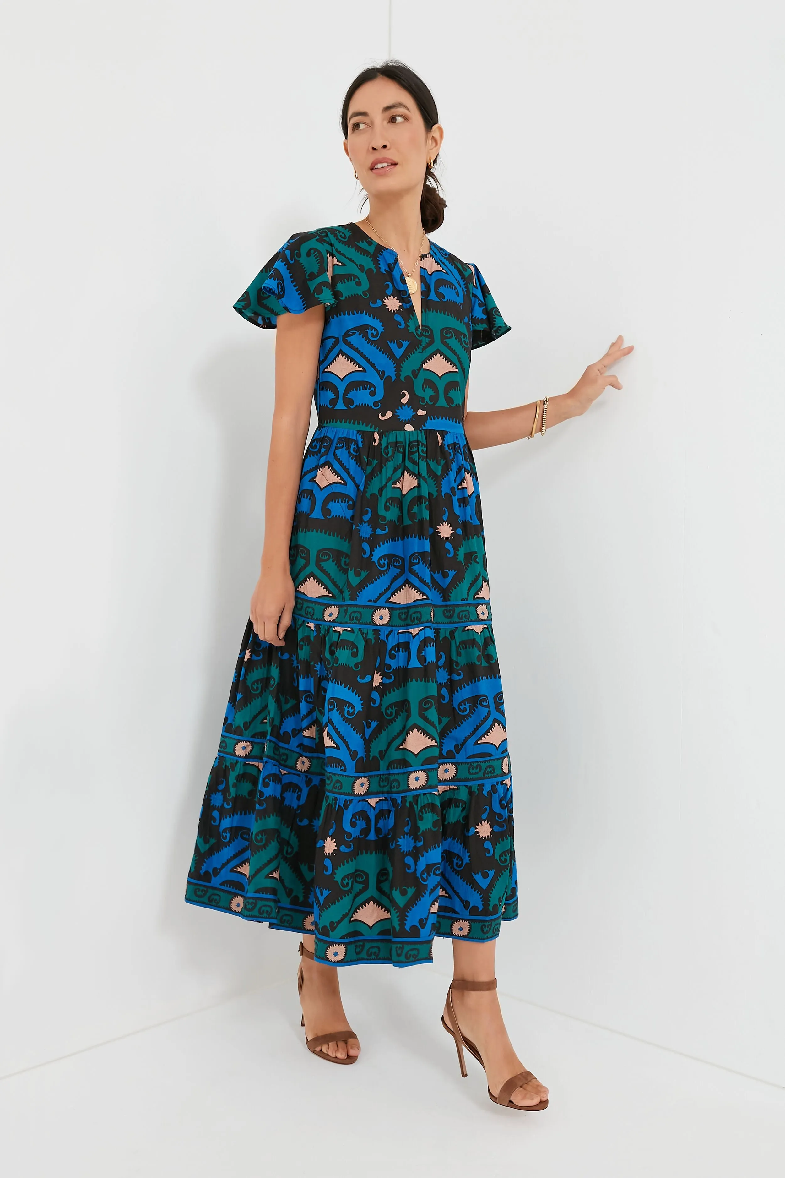 Blue Uzbek V-Neck Maxi Dress