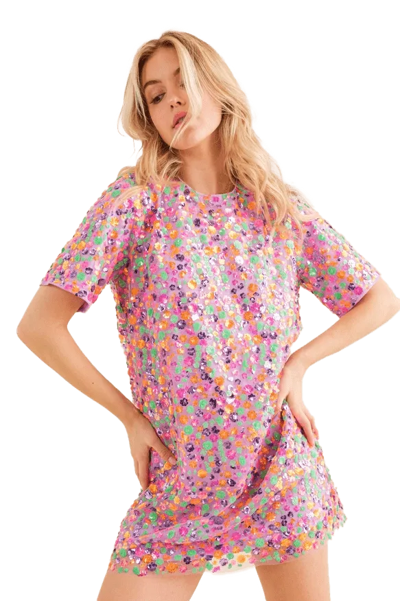 Blueb Sequin Floral Embellished Multi T-Shirt Dress