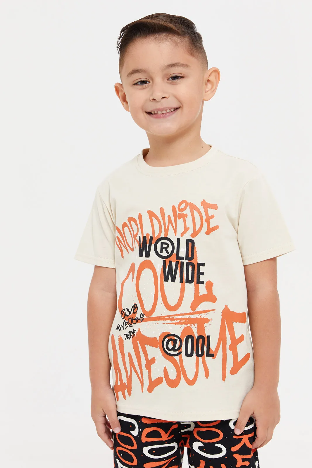 Boys Beige And Black Printed Pyjama Set (2 Piece)