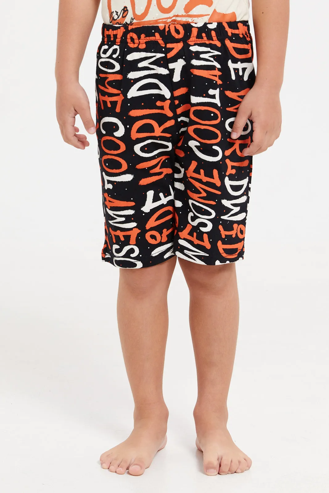 Boys Beige And Black Printed Pyjama Set (2 Piece)