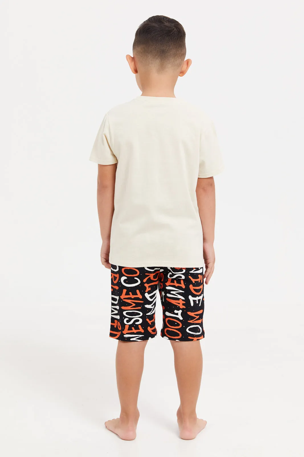 Boys Beige And Black Printed Pyjama Set (2 Piece)