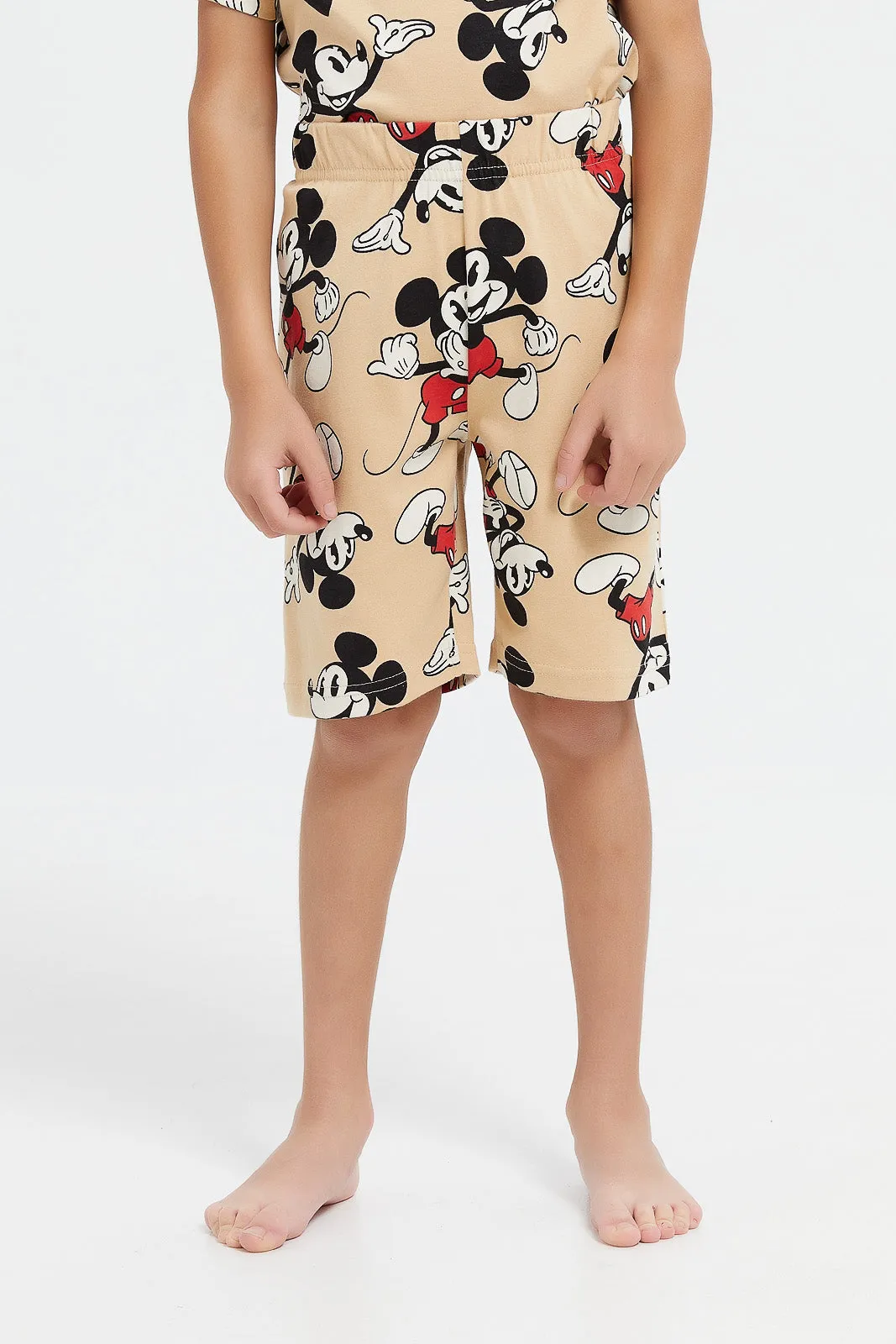 Boys Beige Mickey Mouse Print Pyjama Set (2 Piece)