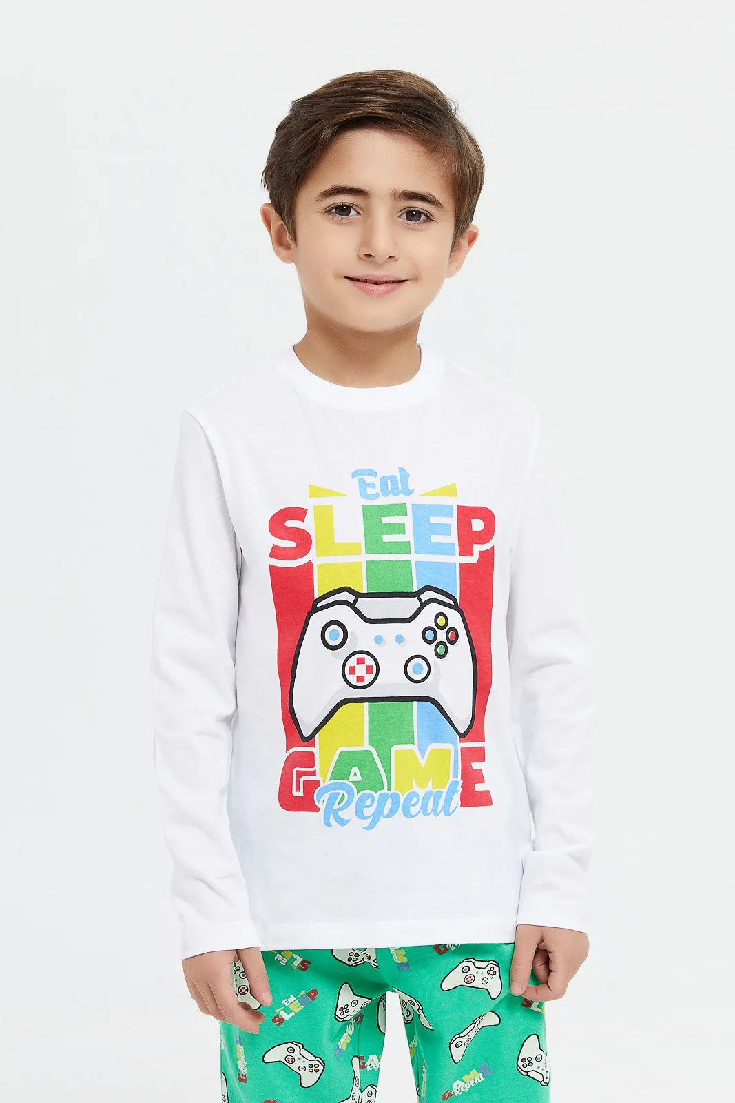 Boys White Game Pyjama Set (2 Piece)