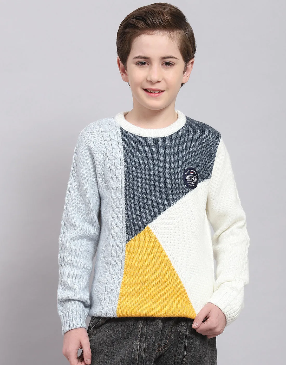 Boys White Self Design Round Neck Full Sleeve Sweater