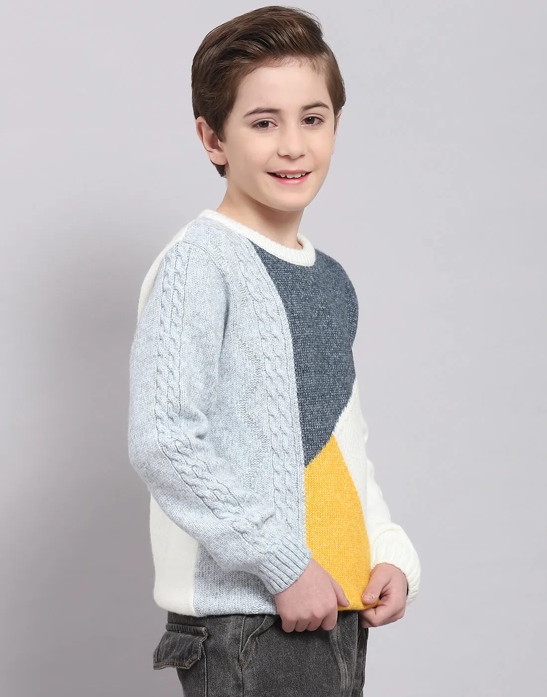 Boys White Self Design Round Neck Full Sleeve Sweater