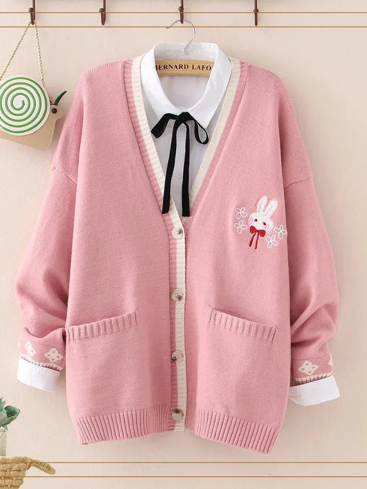 Bunny Cardigan With Chest Embroidery