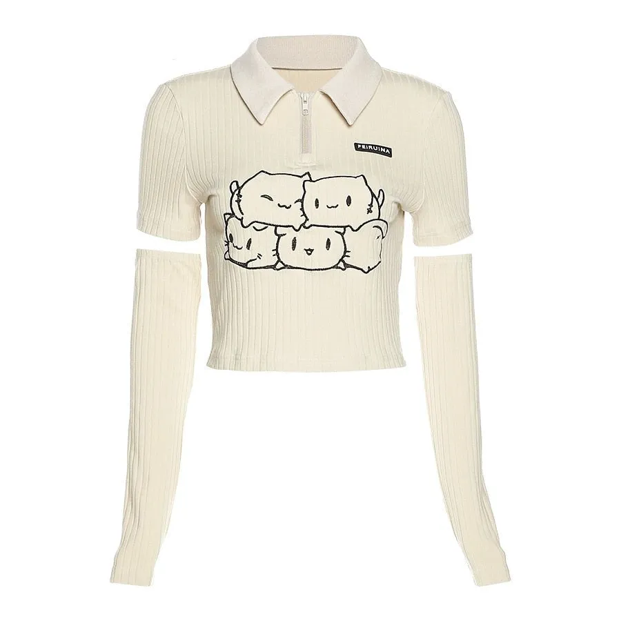 Cartoon Cat Zip Up With Arm Cover Shirt