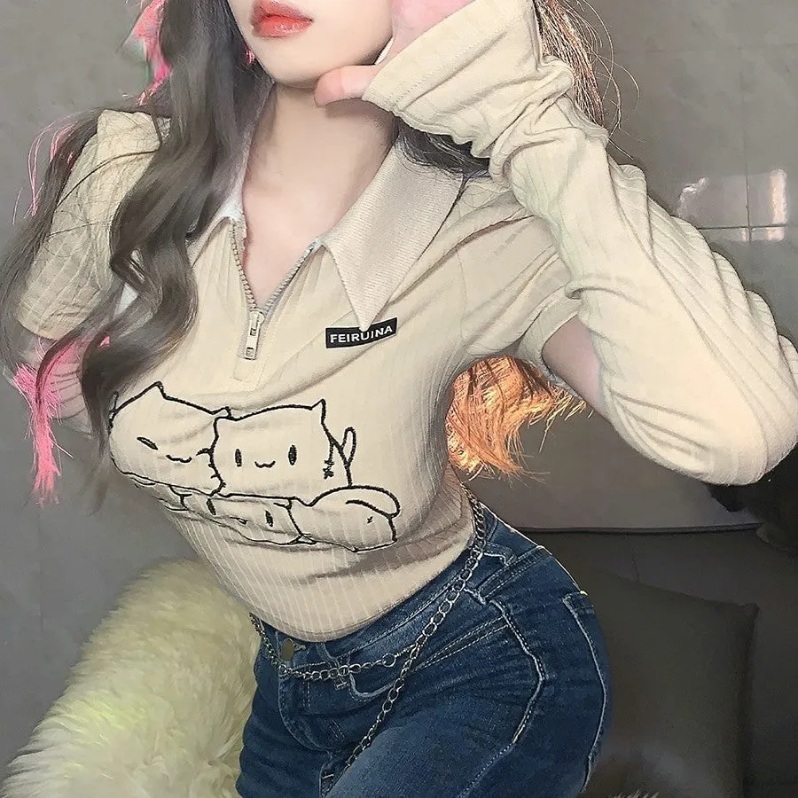 Cartoon Cat Zip Up With Arm Cover Shirt