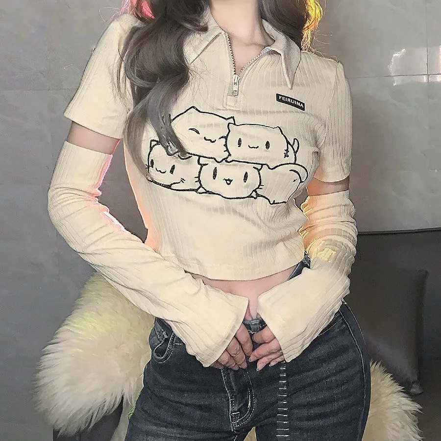 Cartoon Cat Zip Up With Arm Cover Shirt