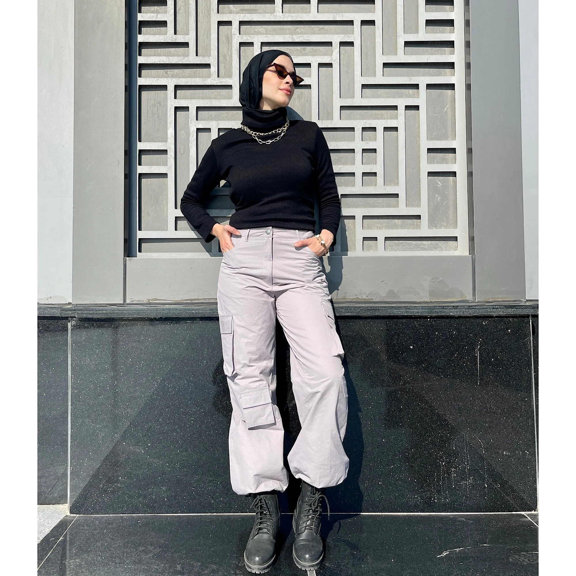 Grey gabardine cargo pants