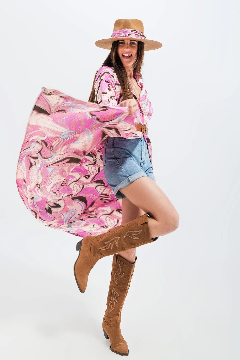 Maxi Shirt Dress in Pink Abstract Print