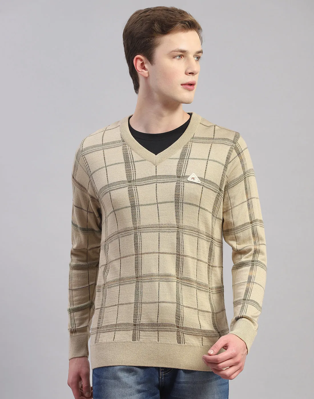 Men Camel Brown Self Design V Neck Full Sleeve Pullover