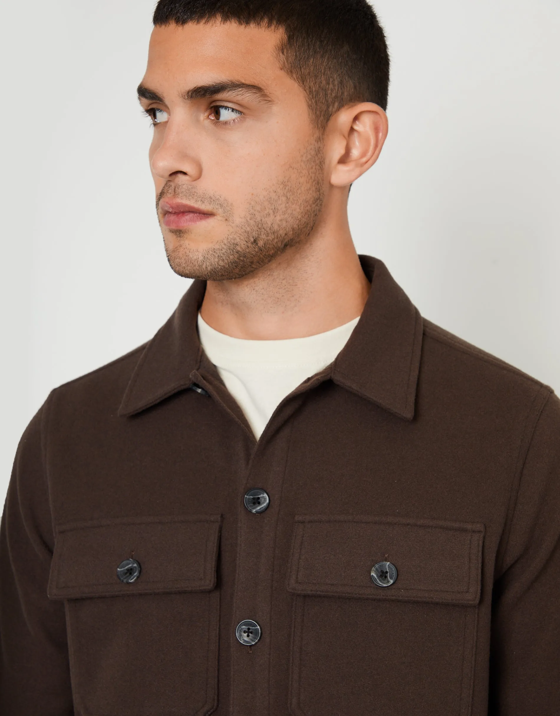 Men's Chocolate Faux Wool Button Up Shacket