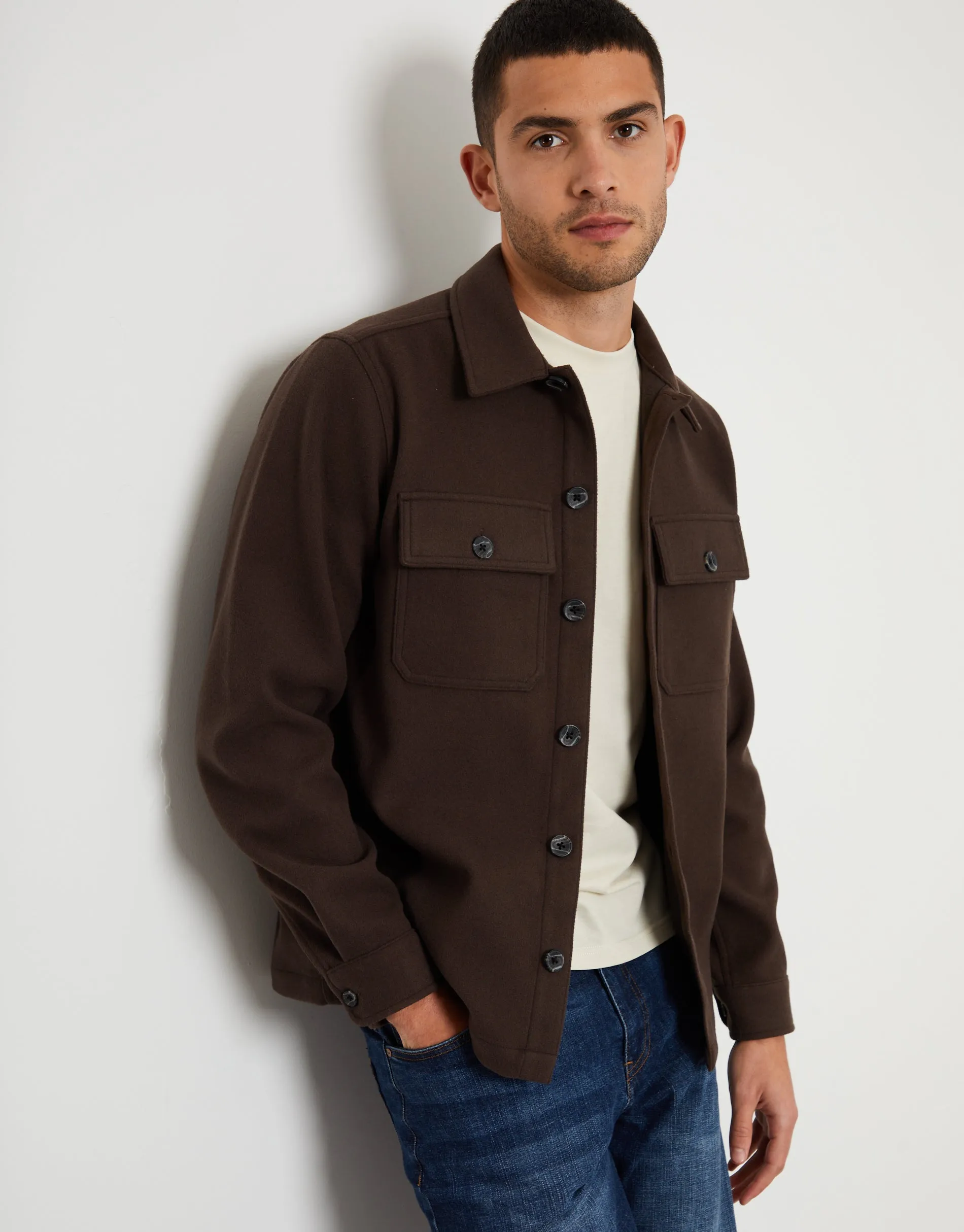 Men's Chocolate Faux Wool Button Up Shacket