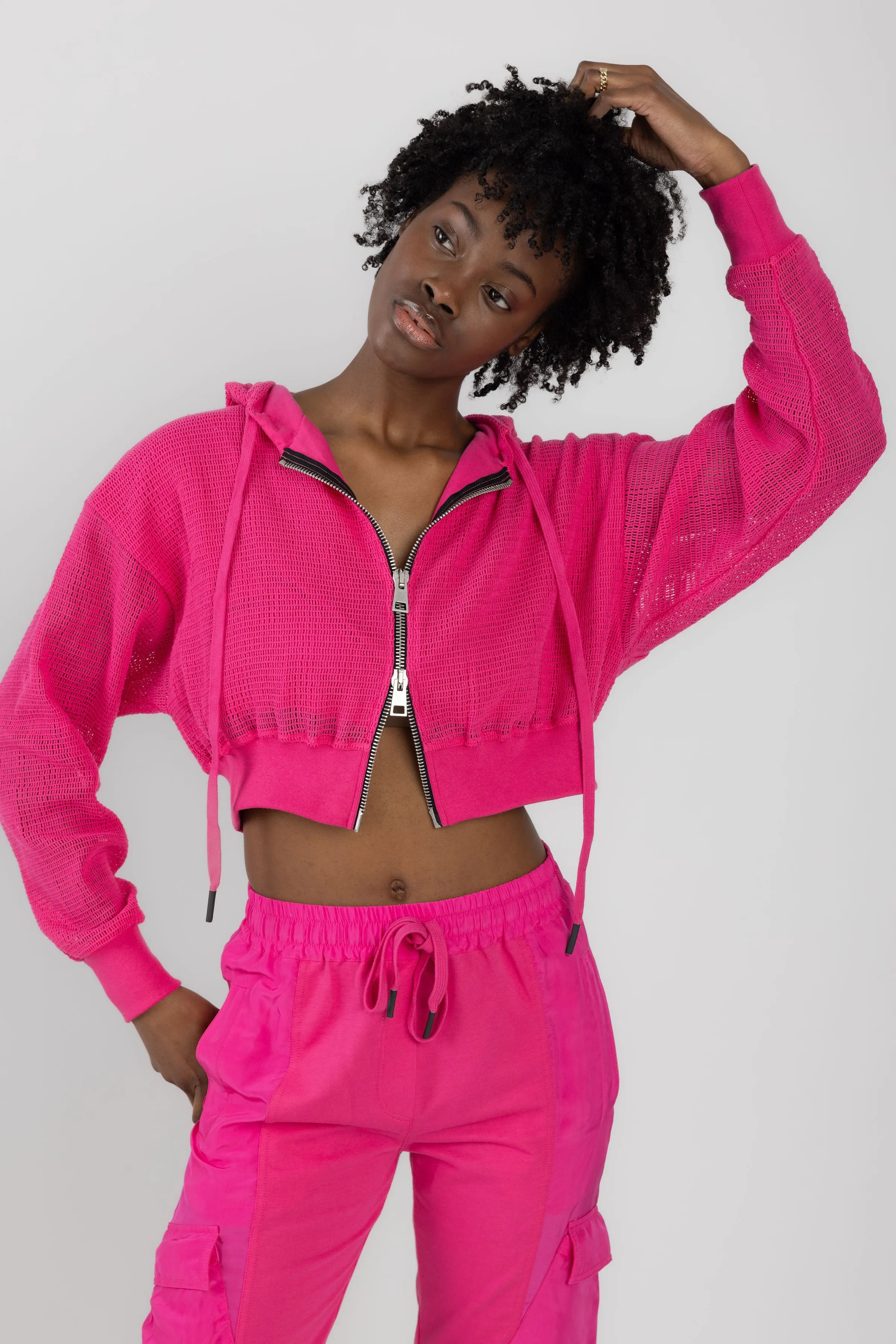 Mesh Zip Hoodie in Fucsia
