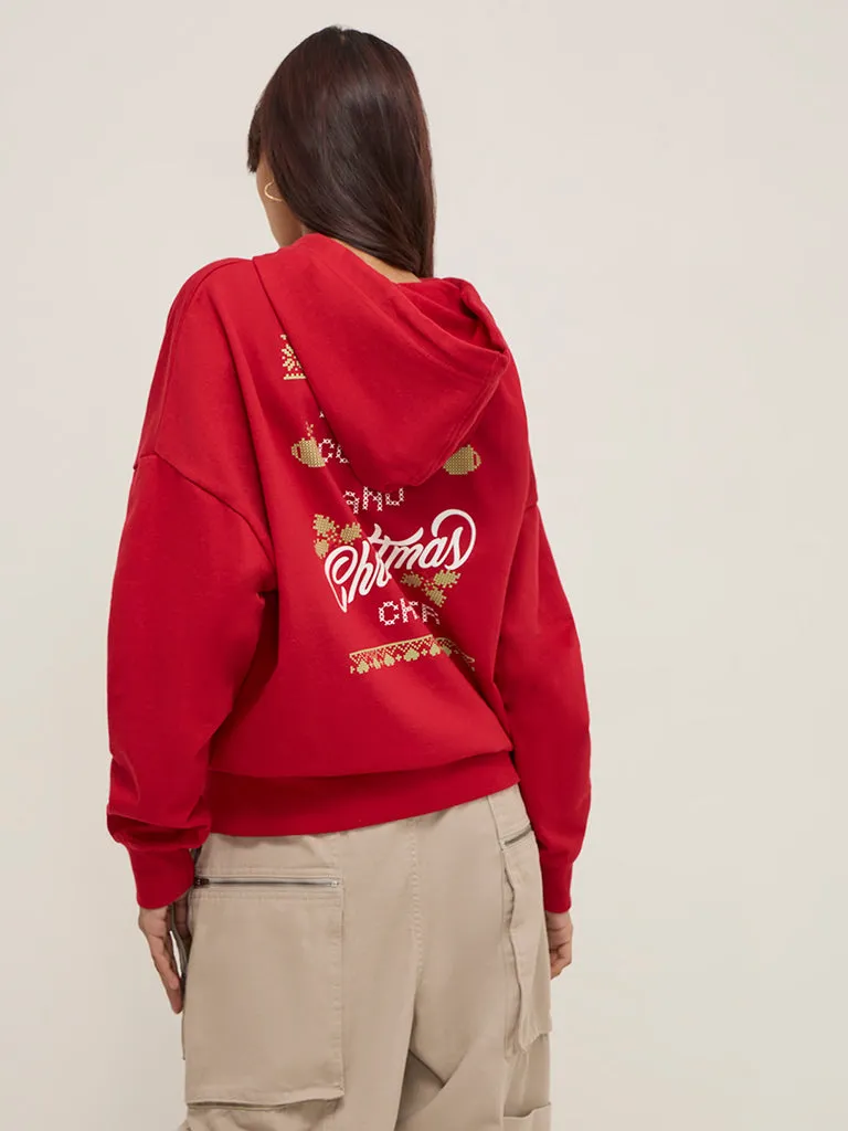 Nuon Red Text Printed Cotton Hoodie