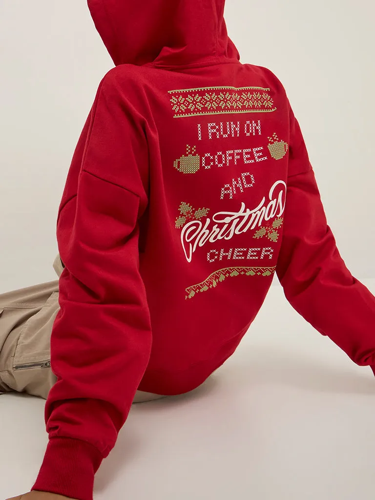 Nuon Red Text Printed Cotton Hoodie