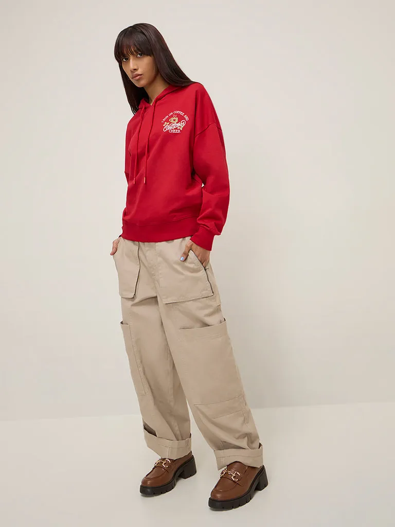 Nuon Red Text Printed Cotton Hoodie