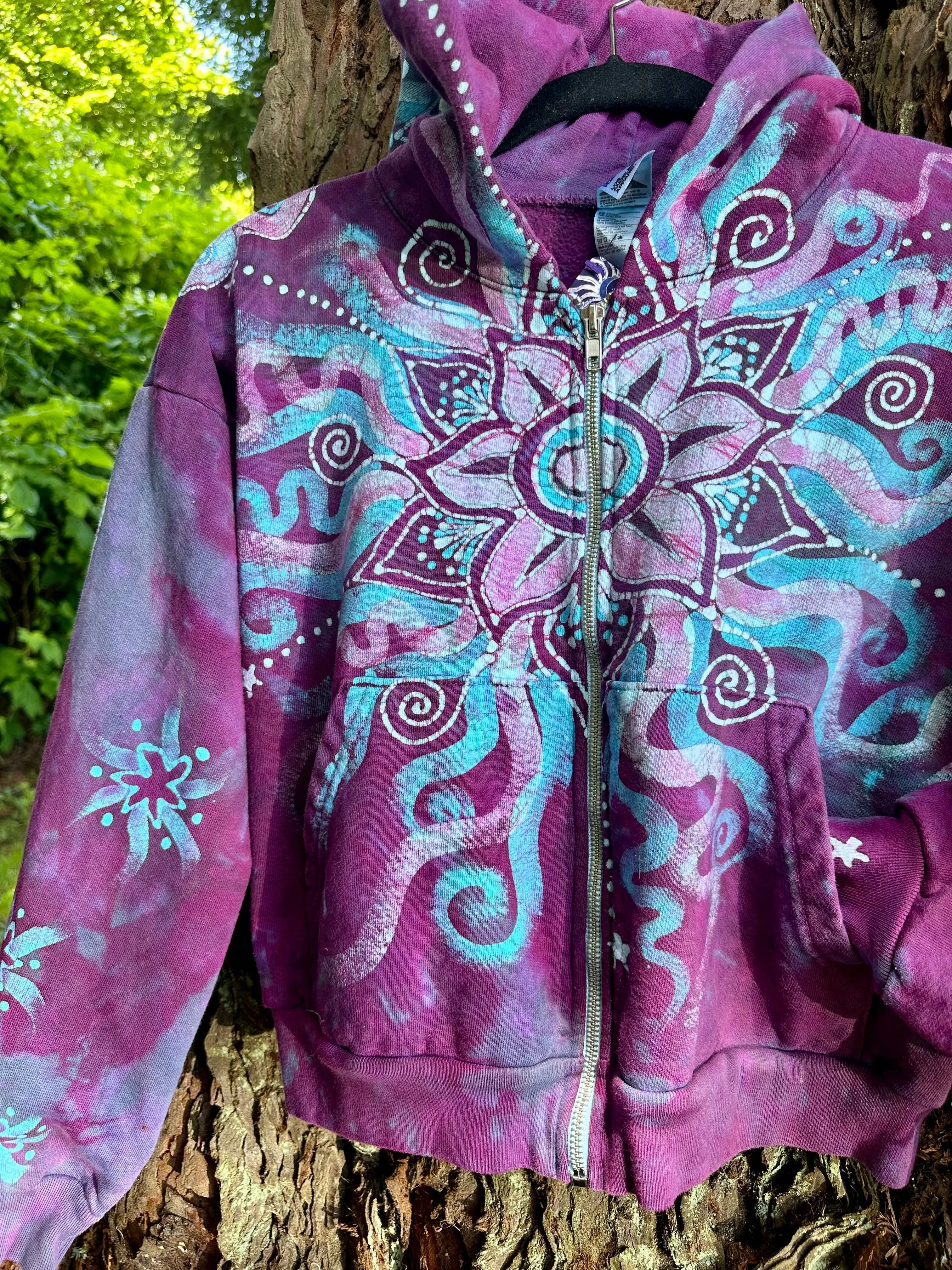 Pacific Bliss Lotus Flower Handmade Batik Hoodie - Turquoise Waves