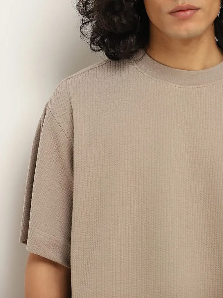 Studiofit Plain Taupe Cotton Blend Relaxed Fit T-Shirt