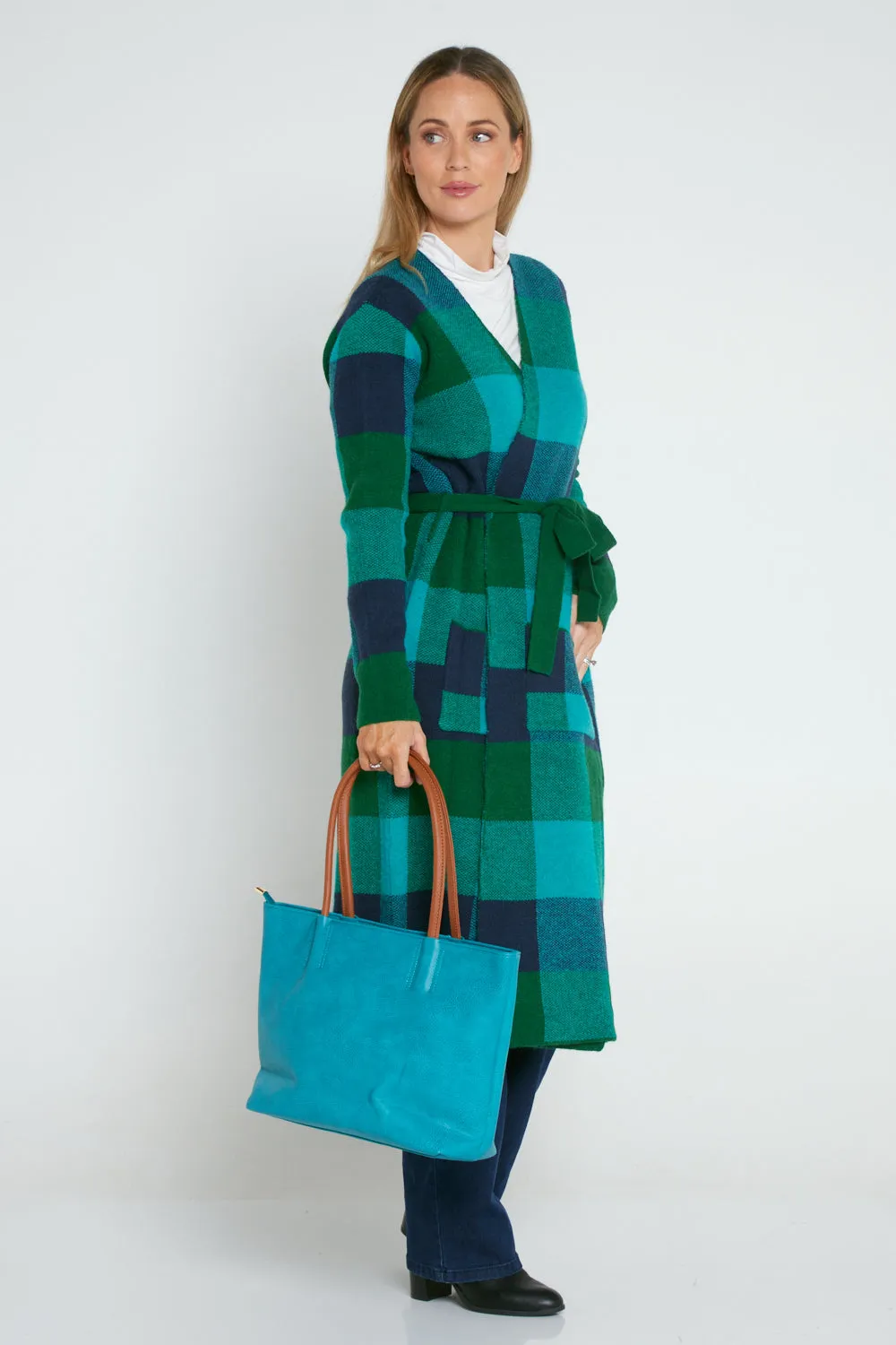 Swift Wraparound Oversized Tie Waist Cardigan - Green/Blue Check