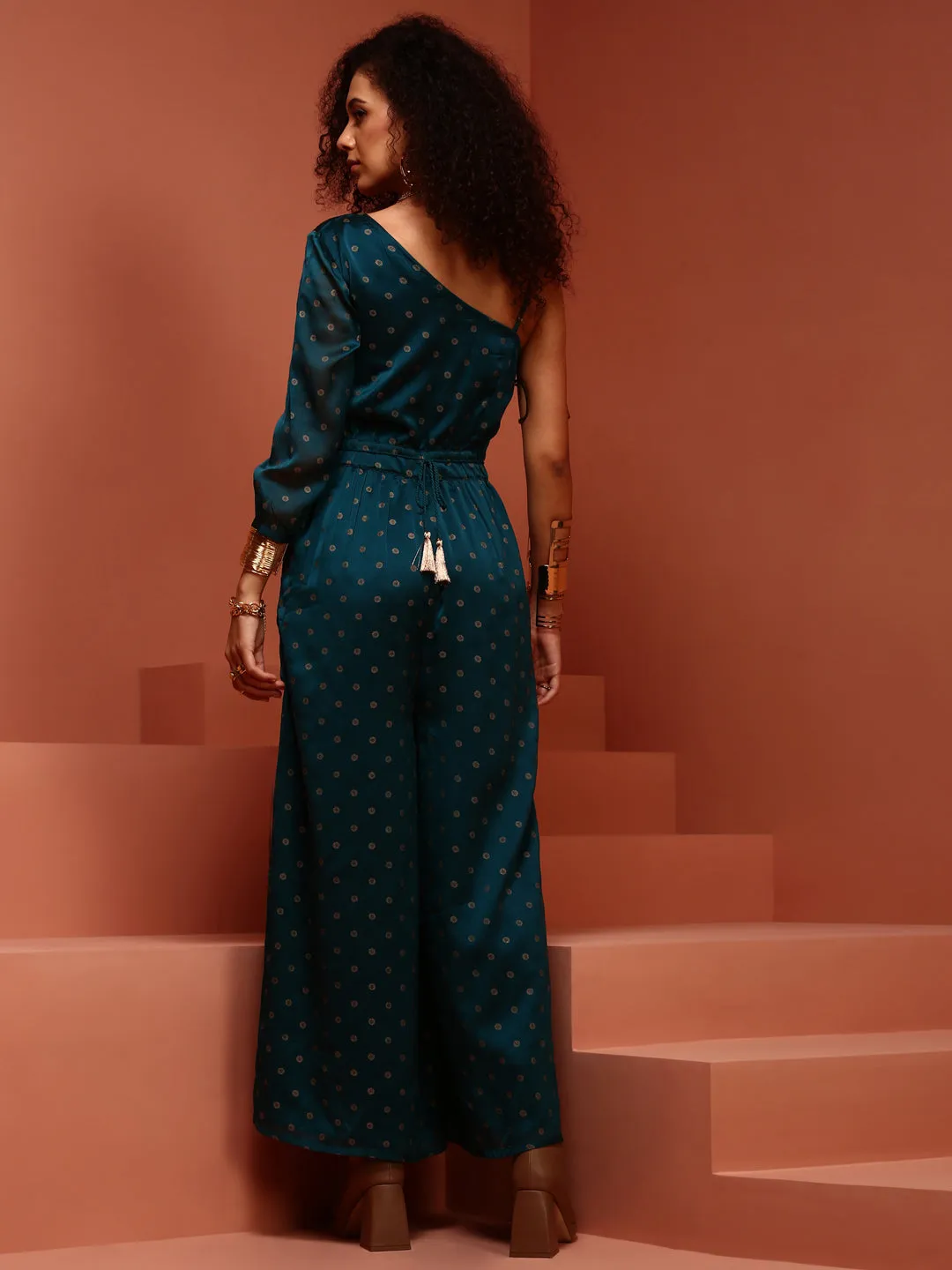 Teal Printed Chiffon One Shoulder Jumpsuit