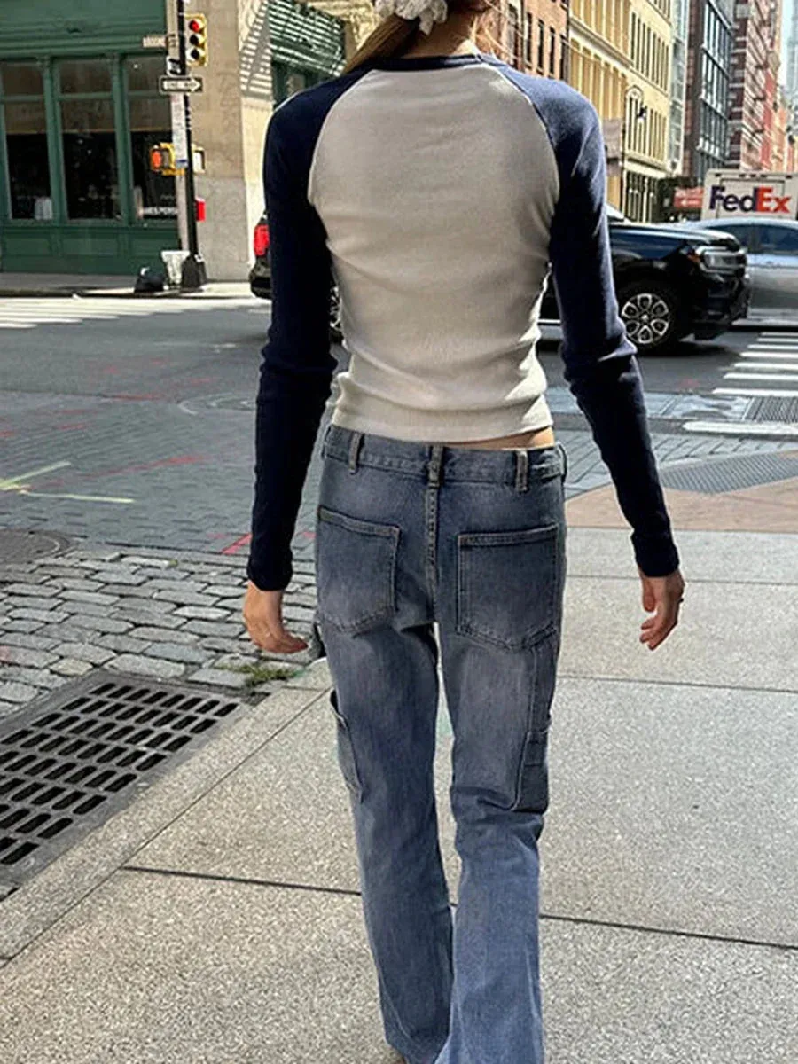 Tight Crop Tops Long Sleeve Crew Neck Slim Fit Basic Y2K T-shirt