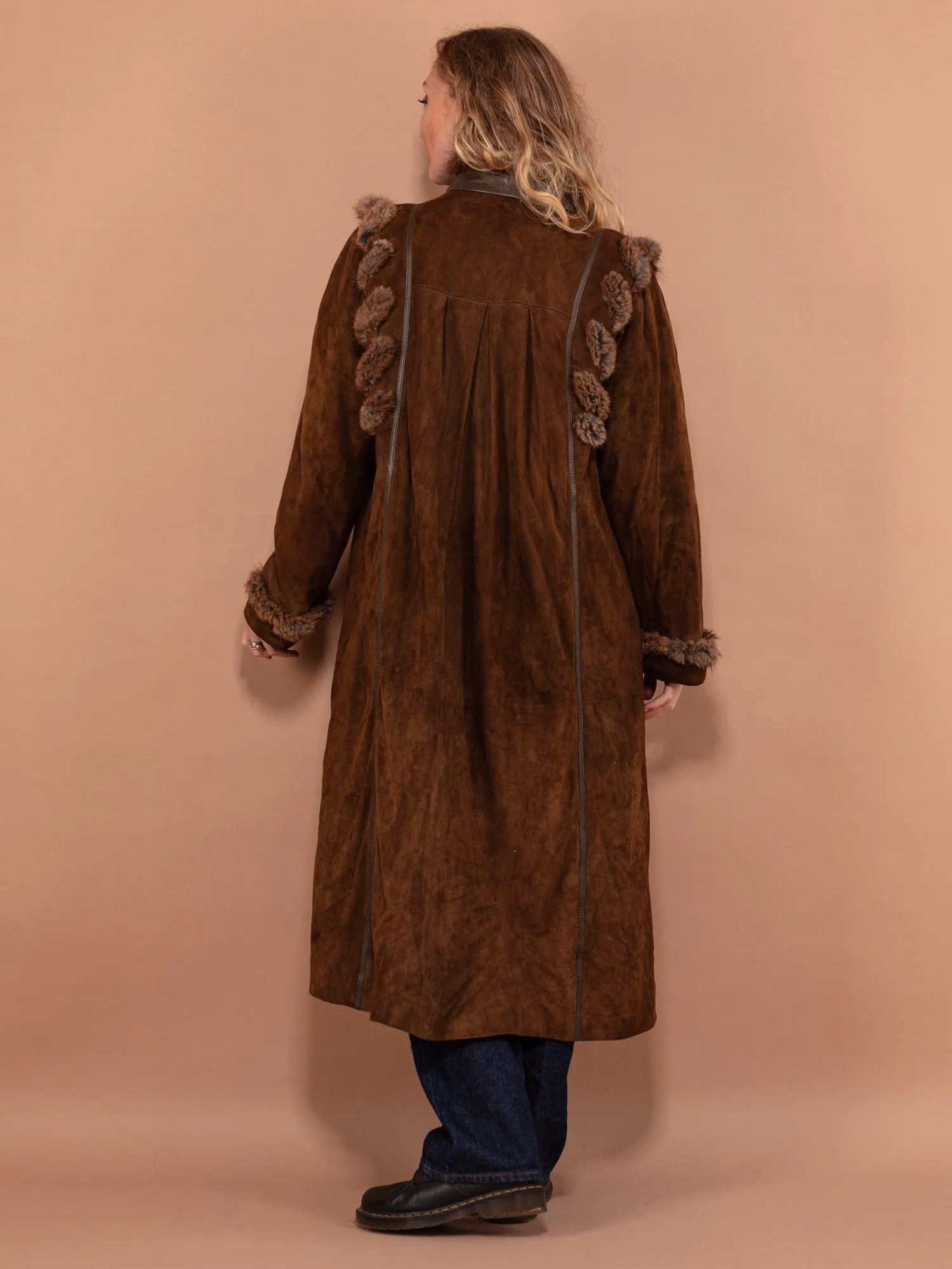 Vintage 70's Women Fur Trim Suede Coat in Brown