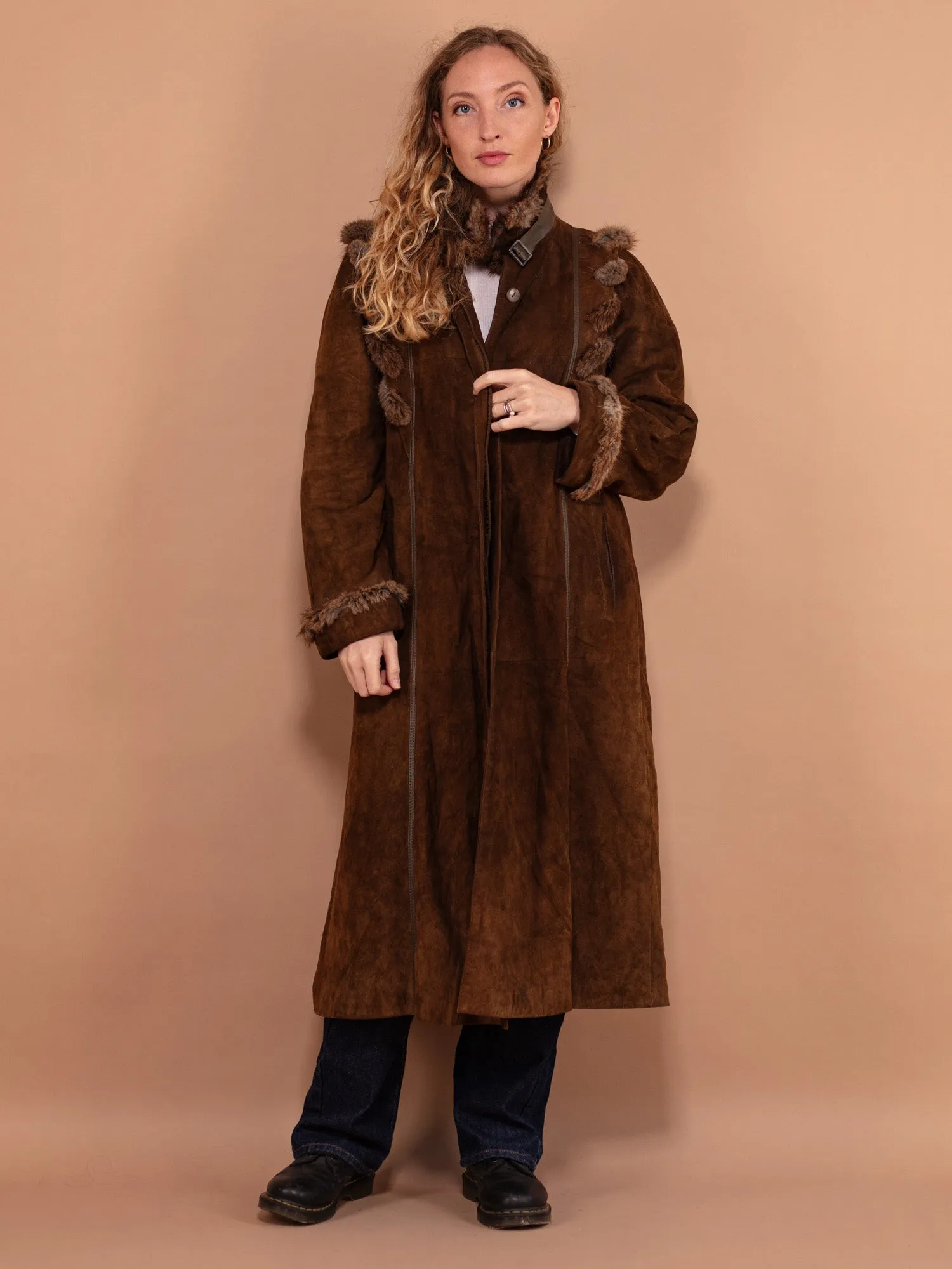 Vintage 70's Women Fur Trim Suede Coat in Brown