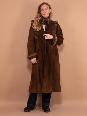 Vintage 70's Women Fur Trim Suede Coat in Brown