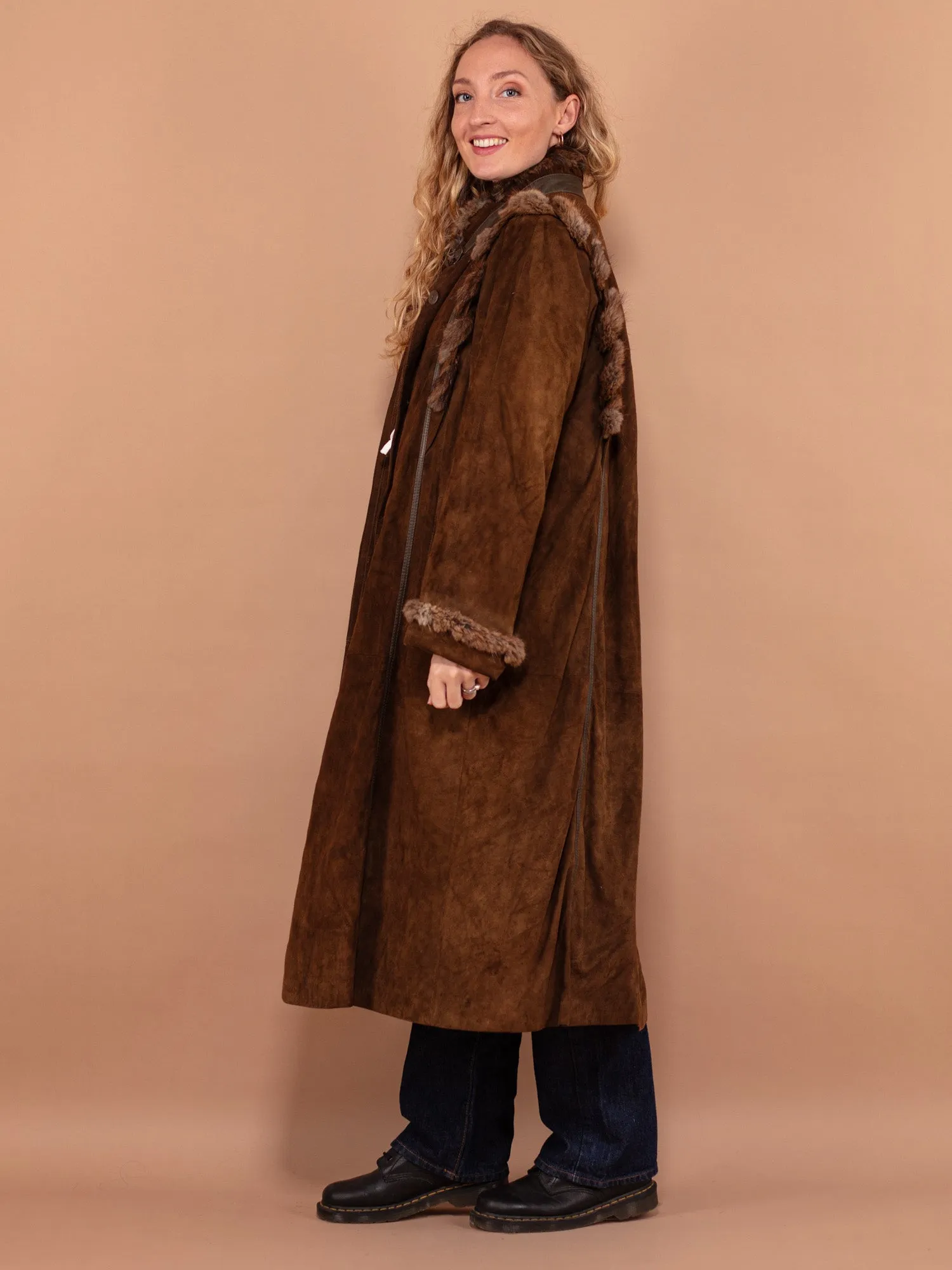 Vintage 70's Women Fur Trim Suede Coat in Brown