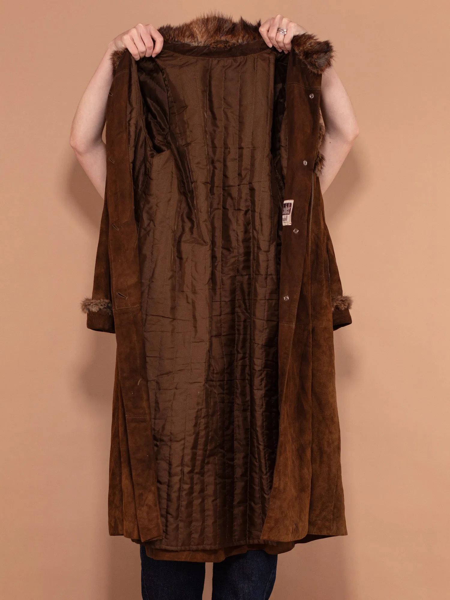 Vintage 70's Women Fur Trim Suede Coat in Brown