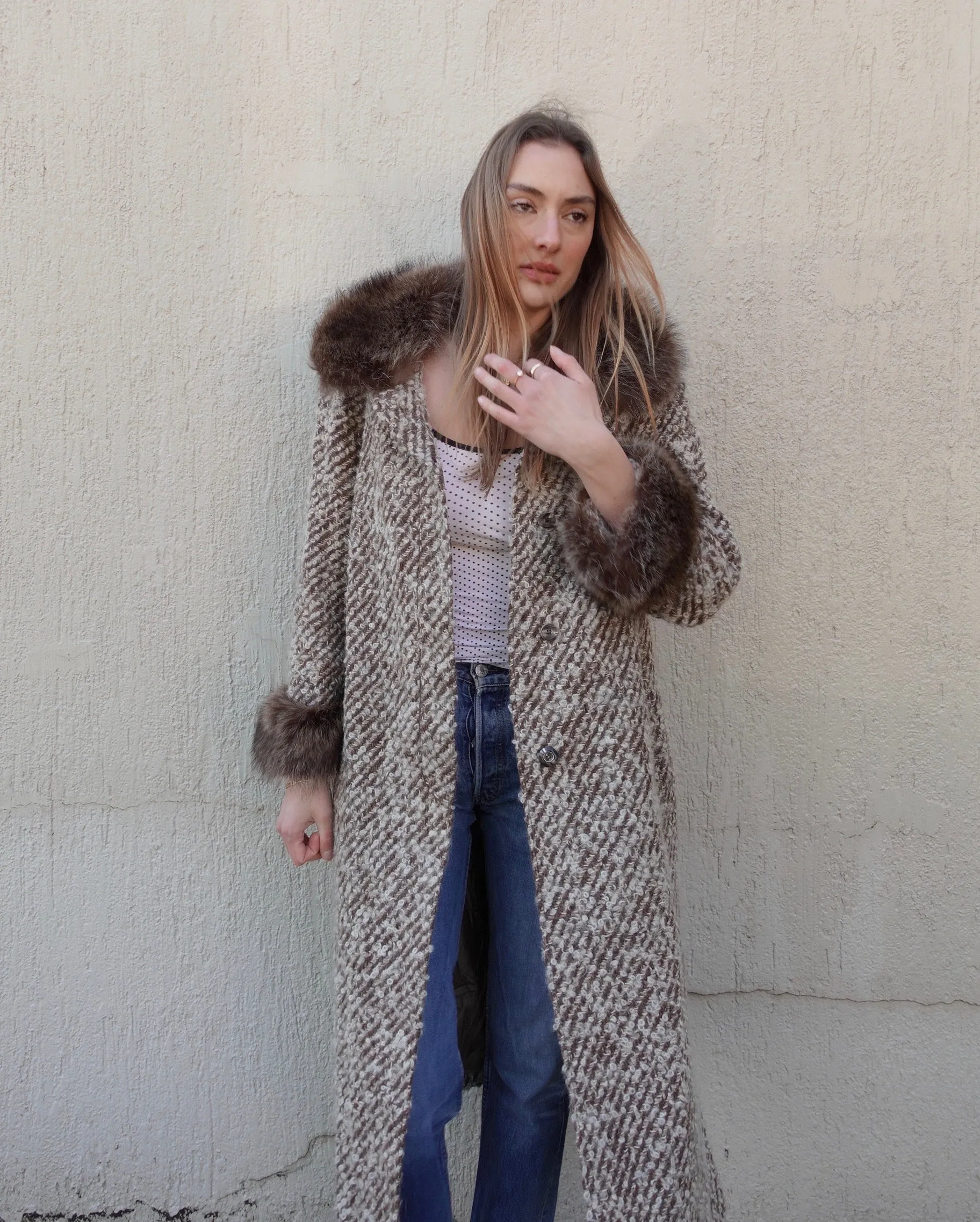 VINTAGE WOOL FAUX FUR TRIM COAT