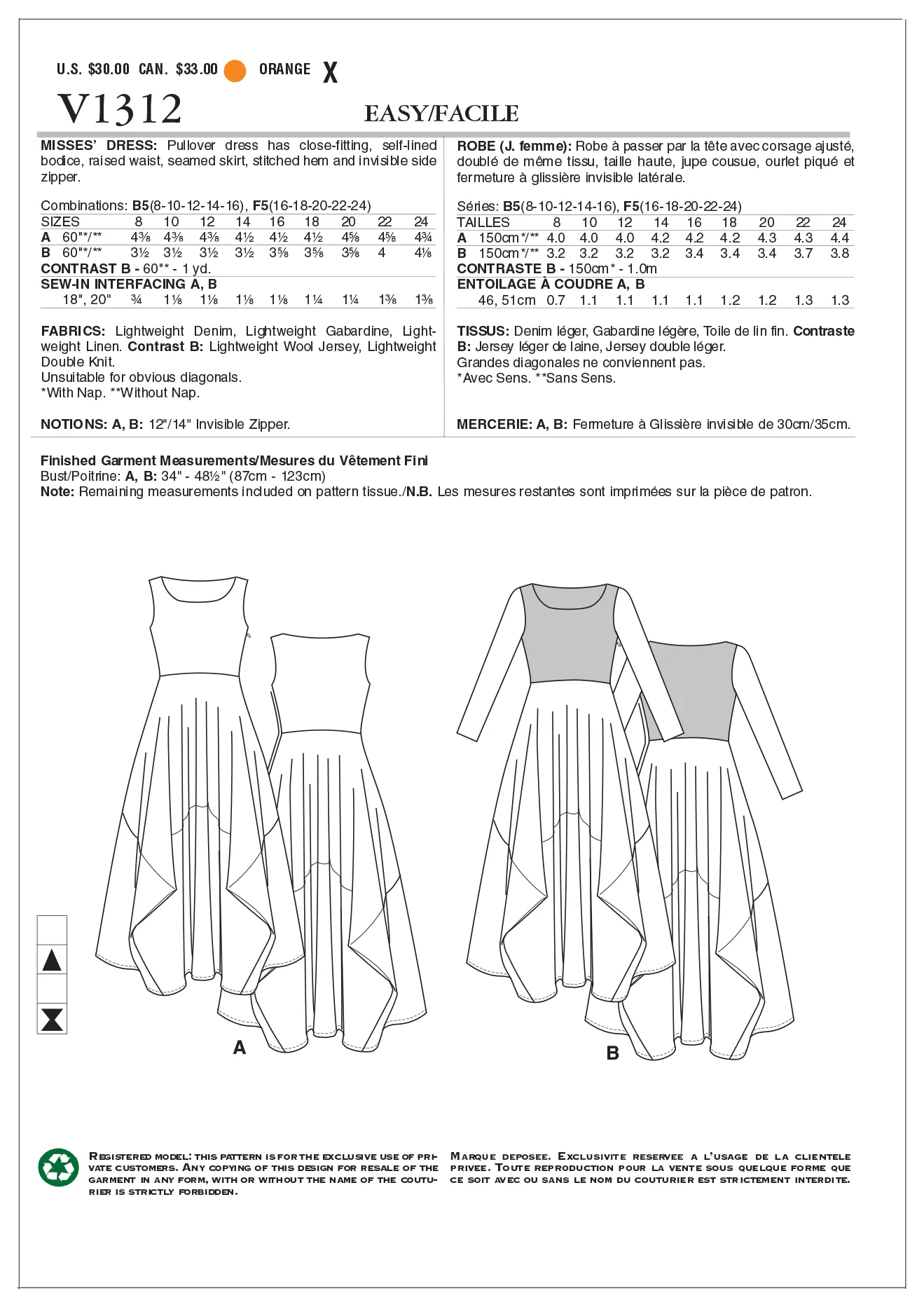 Vogue Pattern V1312 Misses' Dress