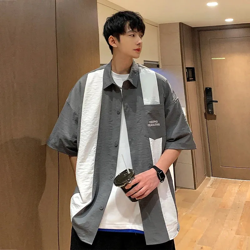 Wiaofellas  -  American Retro Patchwork Short Sleeved Shirt Men and Women Summer Casual Couple All-match Loose Tie Half Sleeved Y2k Tops Shirts