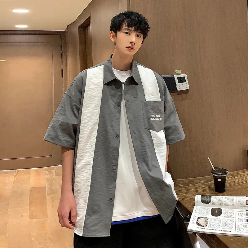 Wiaofellas  -  American Retro Patchwork Short Sleeved Shirt Men and Women Summer Casual Couple All-match Loose Tie Half Sleeved Y2k Tops Shirts