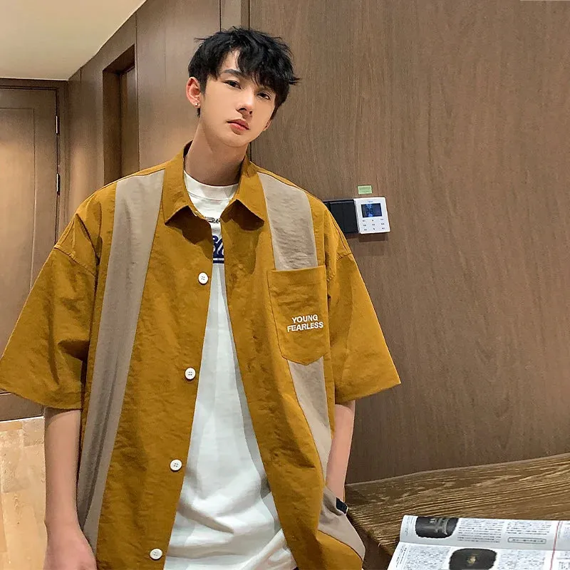 Wiaofellas  -  American Retro Patchwork Short Sleeved Shirt Men and Women Summer Casual Couple All-match Loose Tie Half Sleeved Y2k Tops Shirts