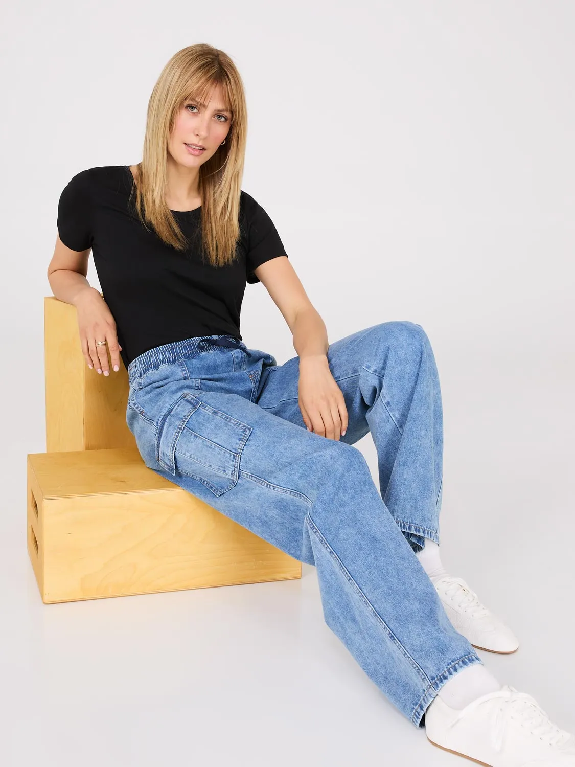 Wide-Leg Denim Cargo Pants