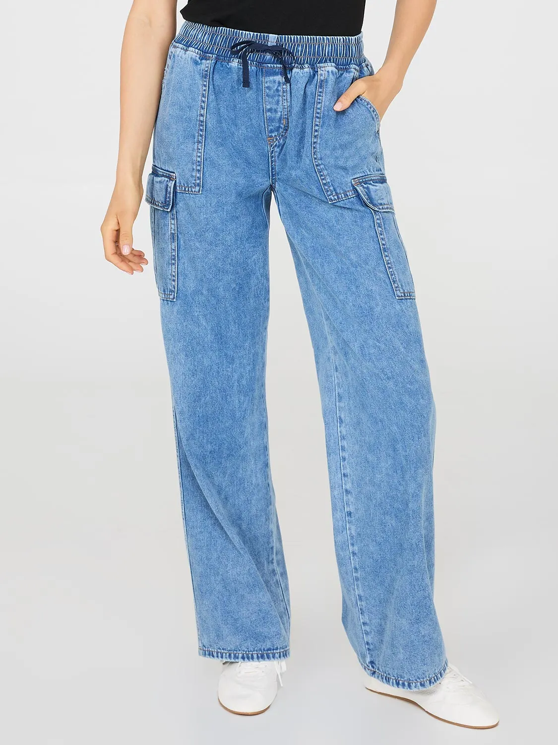 Wide-Leg Denim Cargo Pants