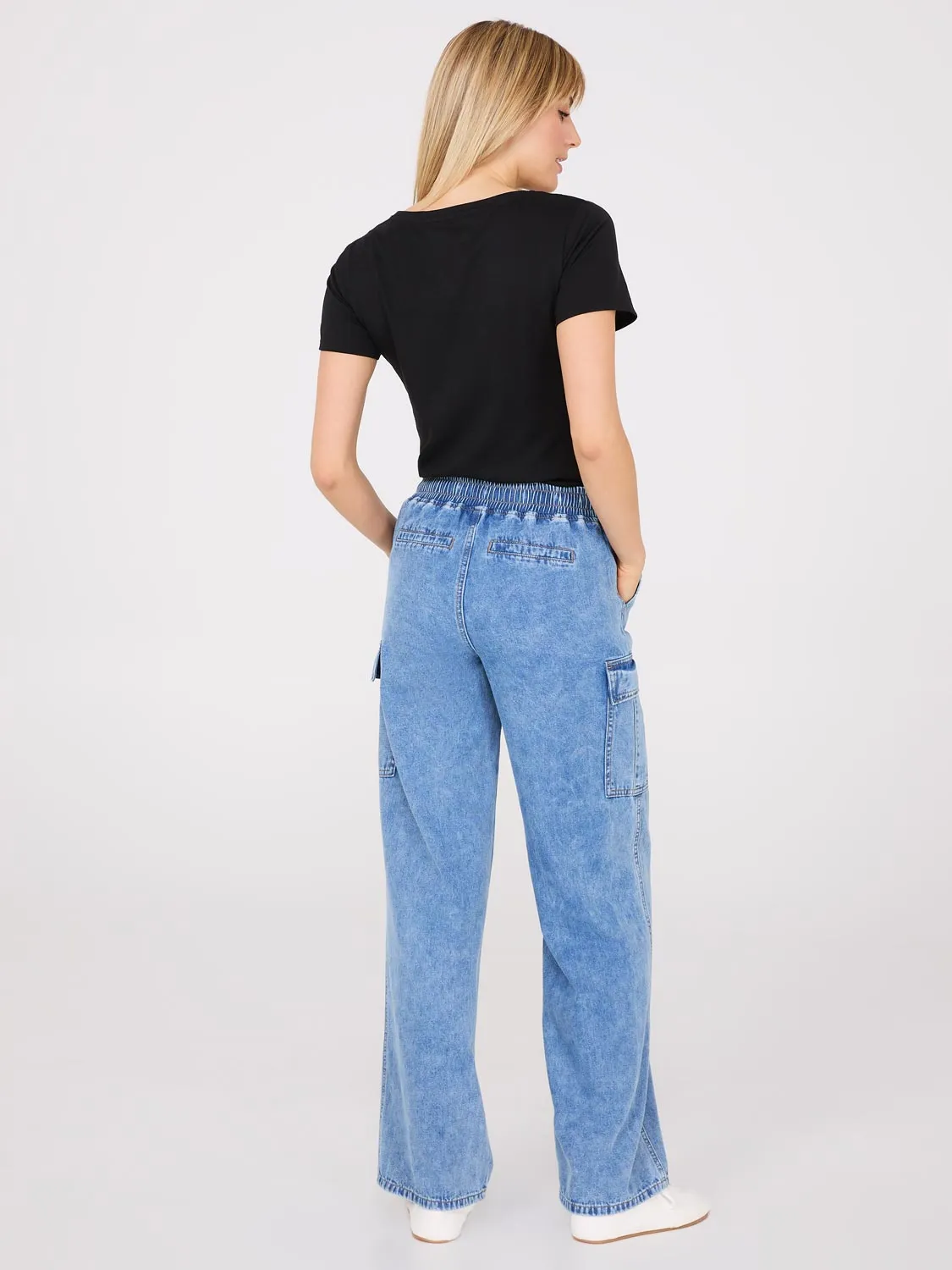 Wide-Leg Denim Cargo Pants
