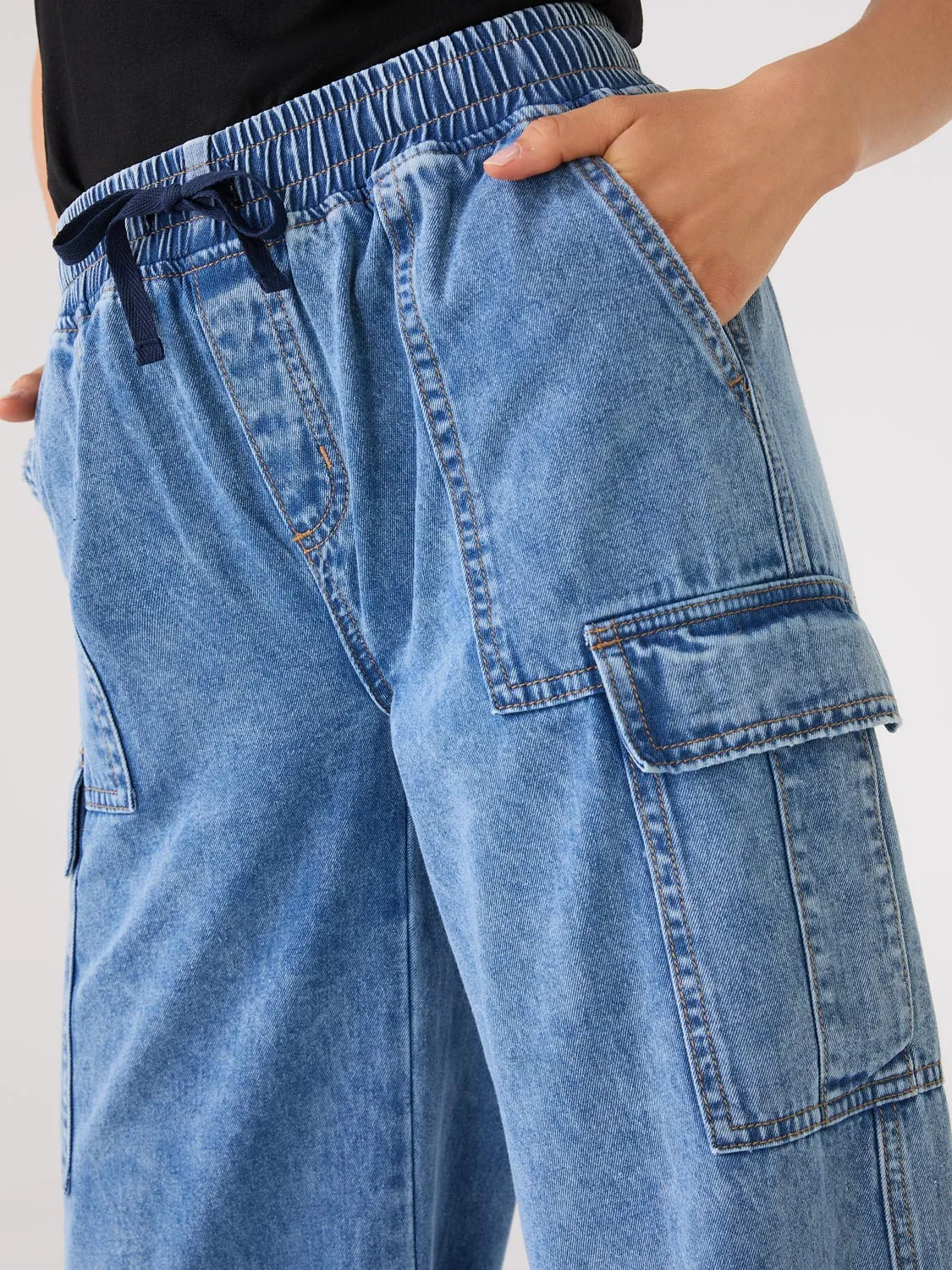 Wide-Leg Denim Cargo Pants