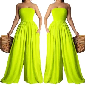 women  elegant Solid wrapped chest wide legs rompers with pocket